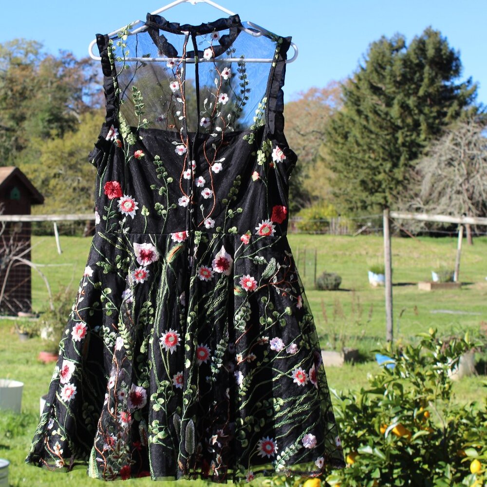 CITY STUDIO Black Mesh Embroidered Dress with Beautiful Sheer Top Juniors 13